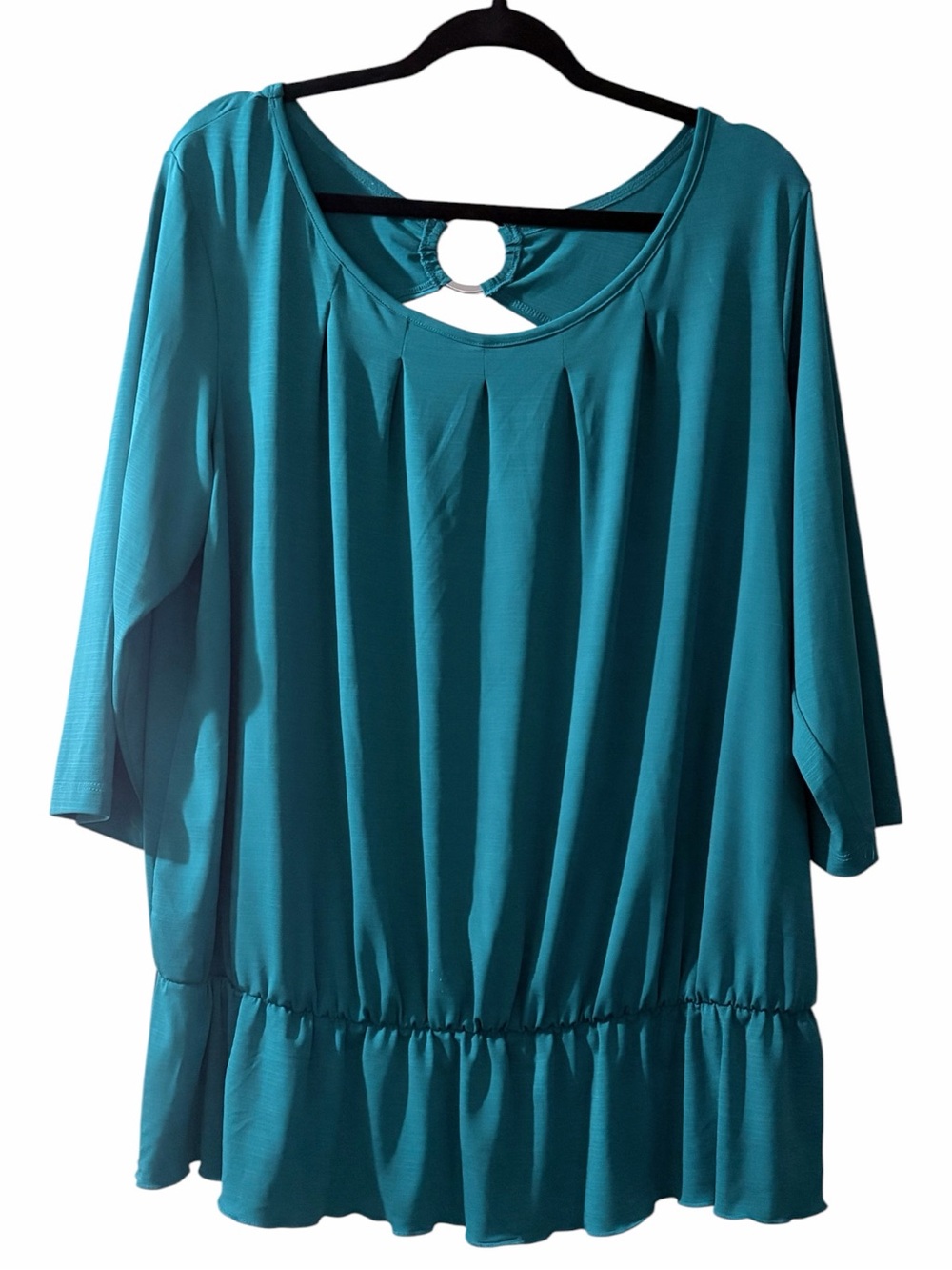 Alyx Plus Size Teal Stretch Knit Top Banded Waist Metal Ring Detail 2X